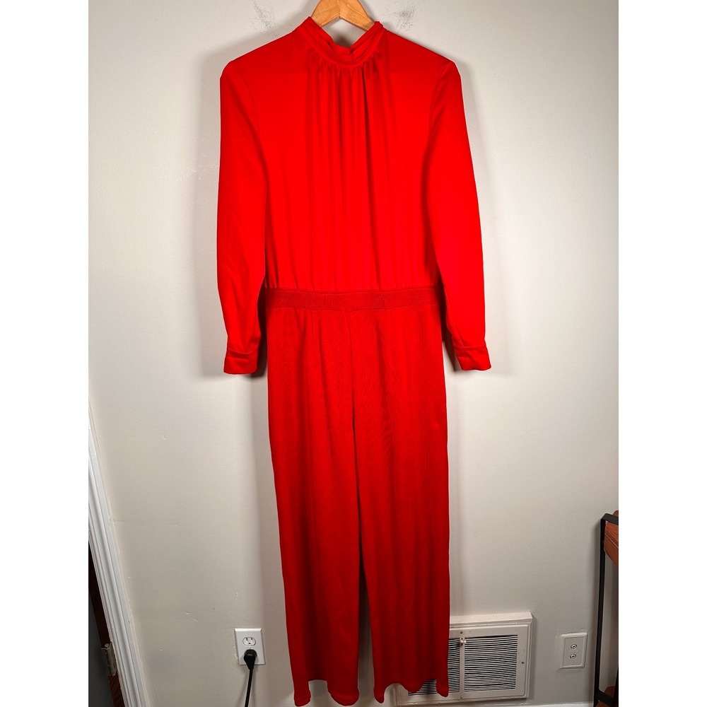 Misook Misook Mixed-Media Tie-Neck Long-Sleeve Jumpsuit women S minimalist - Picture 2 of 8
